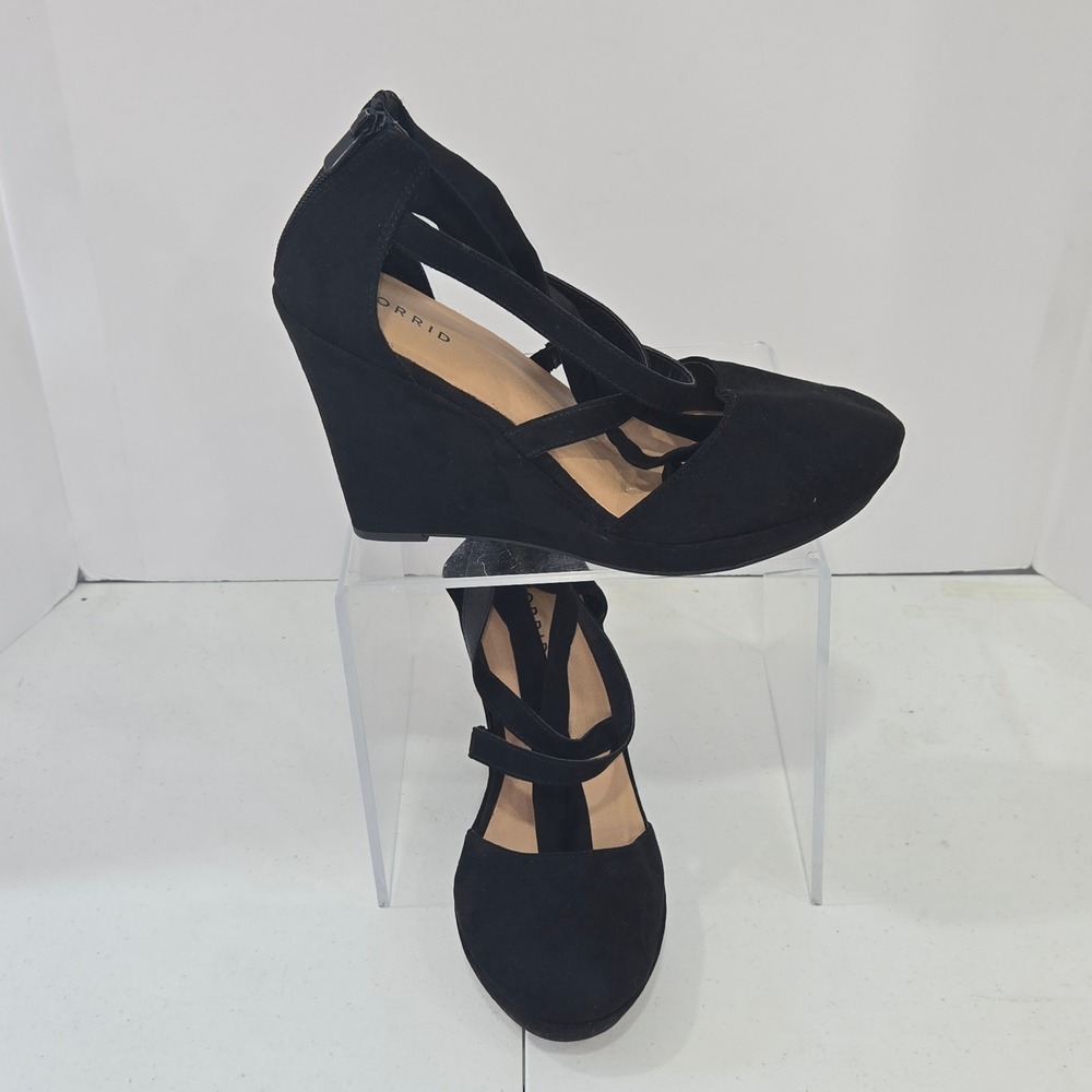 Torrid Black Faux Suede Lace Up Platform Wedge Heels Shoes 10.5 WW 15870447